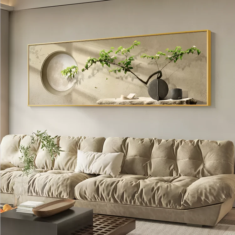 侘寂风绿植沙发背景墙挂画高级感客厅装饰画茶室晶瓷画中式卧室画