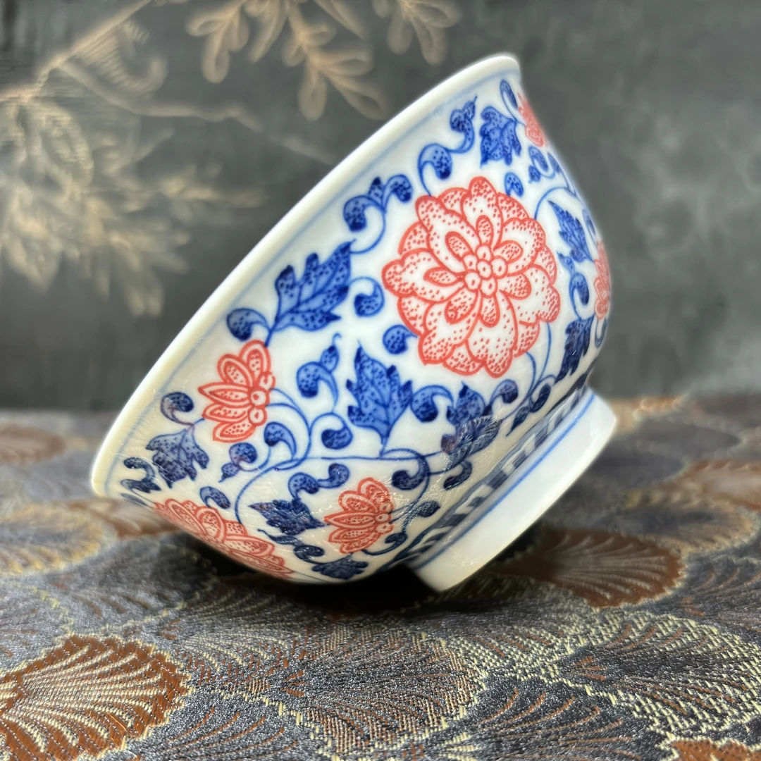 景德镇陶瓷釉下红缠枝手绘主人杯纯手工釉下彩