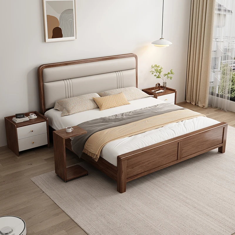 胡桃木实木床1.8米双人床现代简约1.5米主卧大床高箱软包婚床家具