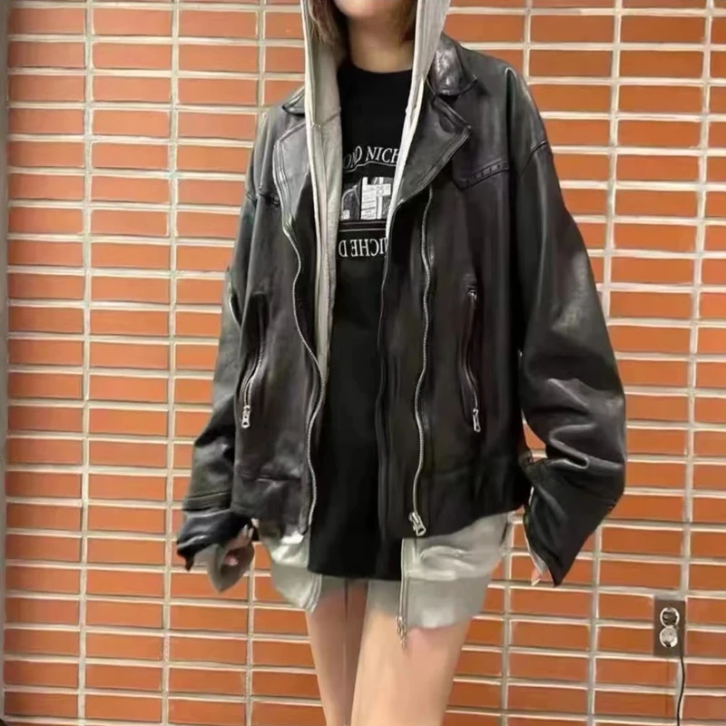 呦妮姐韩国东大门意大利绵羊皮水洗复古真皮机车皮衣夹克短款外套