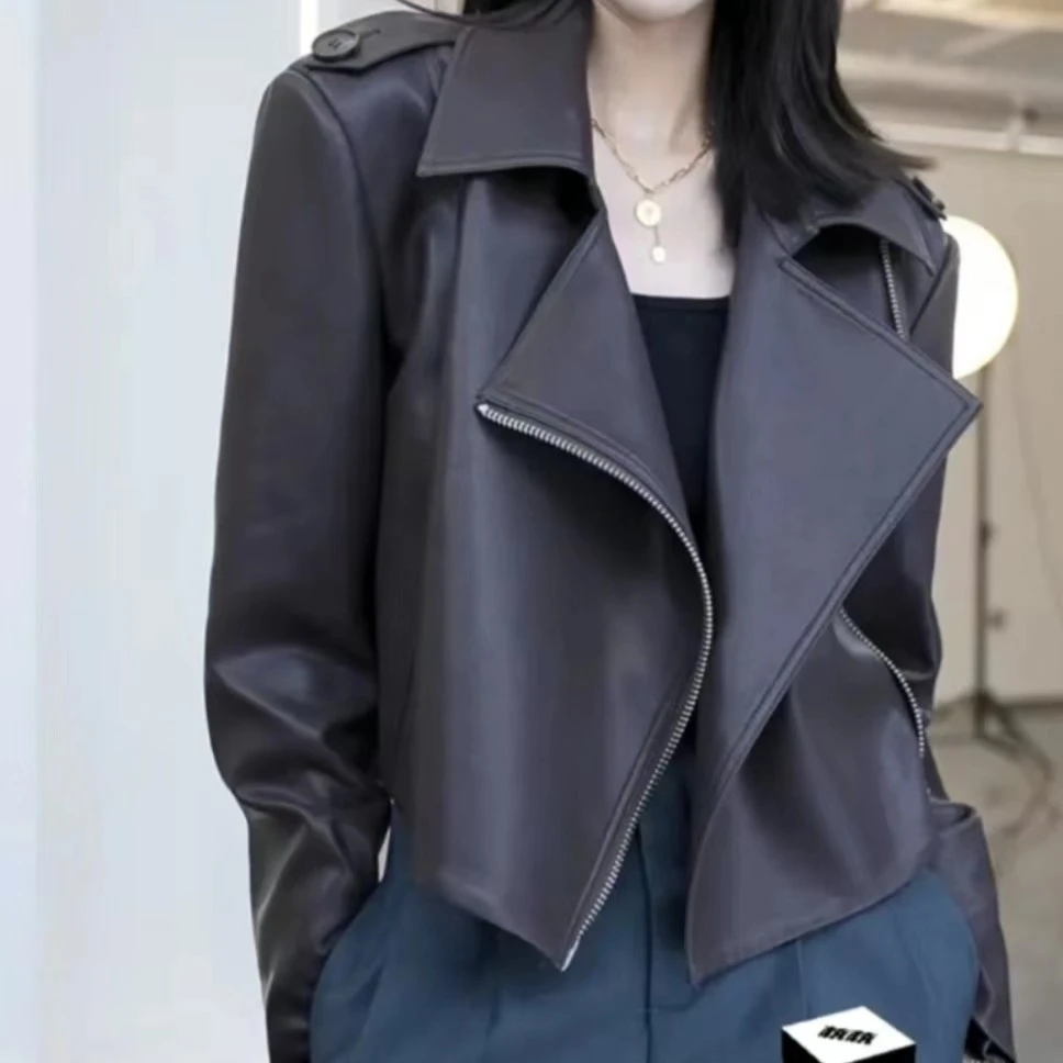 经典进口小羊皮真皮皮衣女 方领绵羊皮夹克 时尚显瘦短款女外套