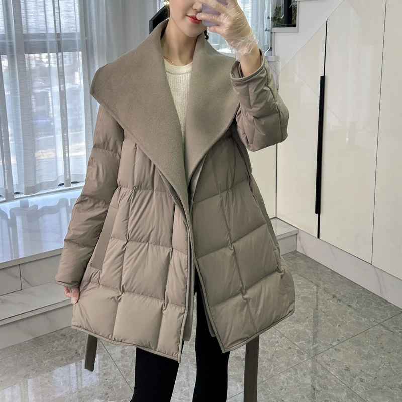 冬季新款简约大牌100双面羊毛拼接真皮鹅绒服女中长款羽绒服外套