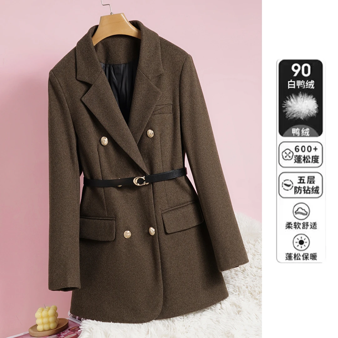 羽绒服呢子大衣女中长款冬季时尚百搭加厚白鸭绒西装外套【送腰带】