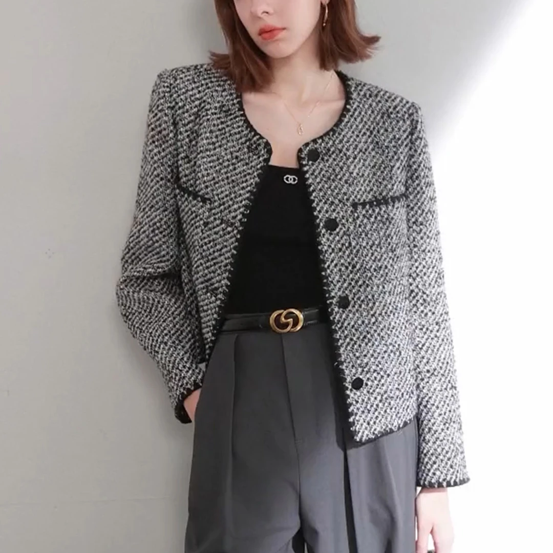 2025秋冬季新款肌理感小香风毛呢外套女圆领贝壳绣短款羊毛上衣