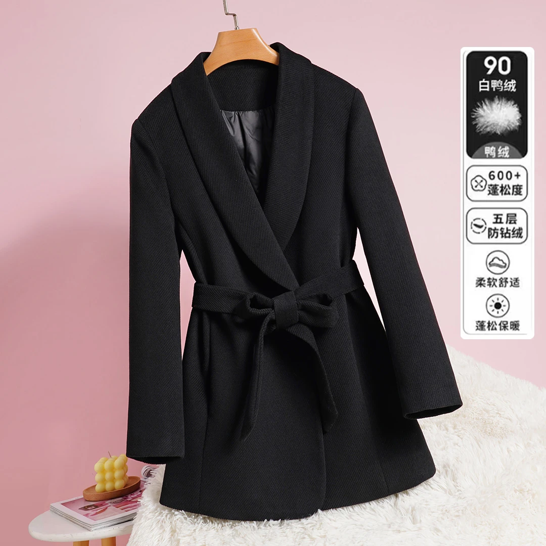 青果领~冬季毛呢百搭气质设计感90白鸭羽绒西装外套女