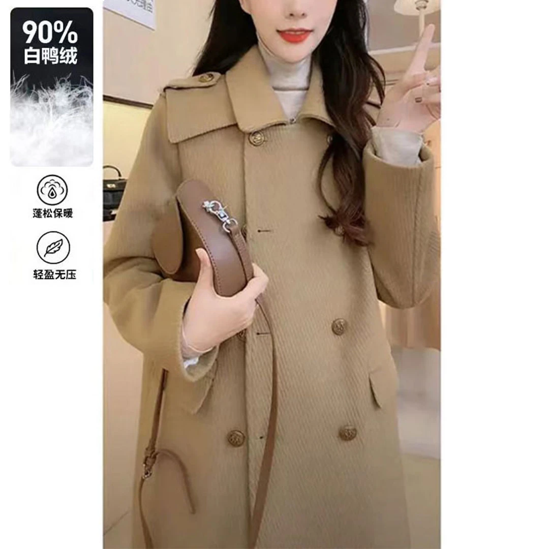 羽绒服毛呢大衣外套女冬季中长款2025新款气质风衣90白鸭绒呢子