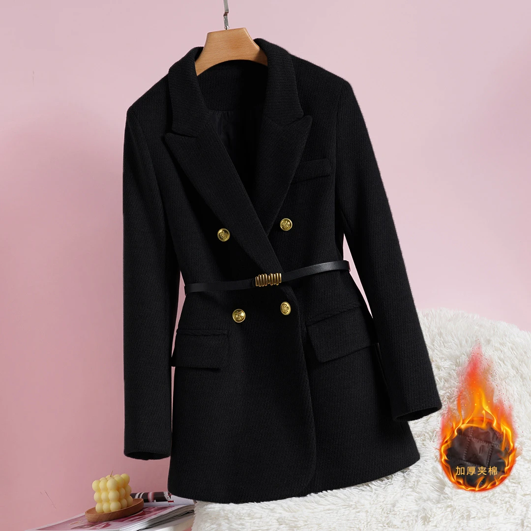 秋冬季百搭西装毛呢外套女黑色气质加棉加厚双排扣冬季【送腰带】