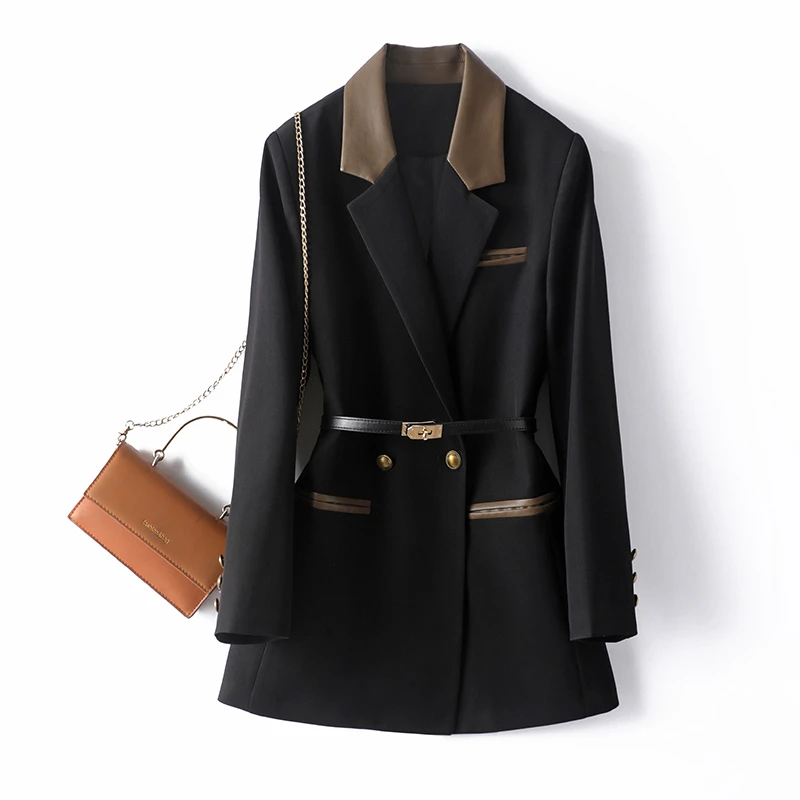 高级感西装外套女春季2025新款气质时尚拼接pu皮腰带显瘦西服3990