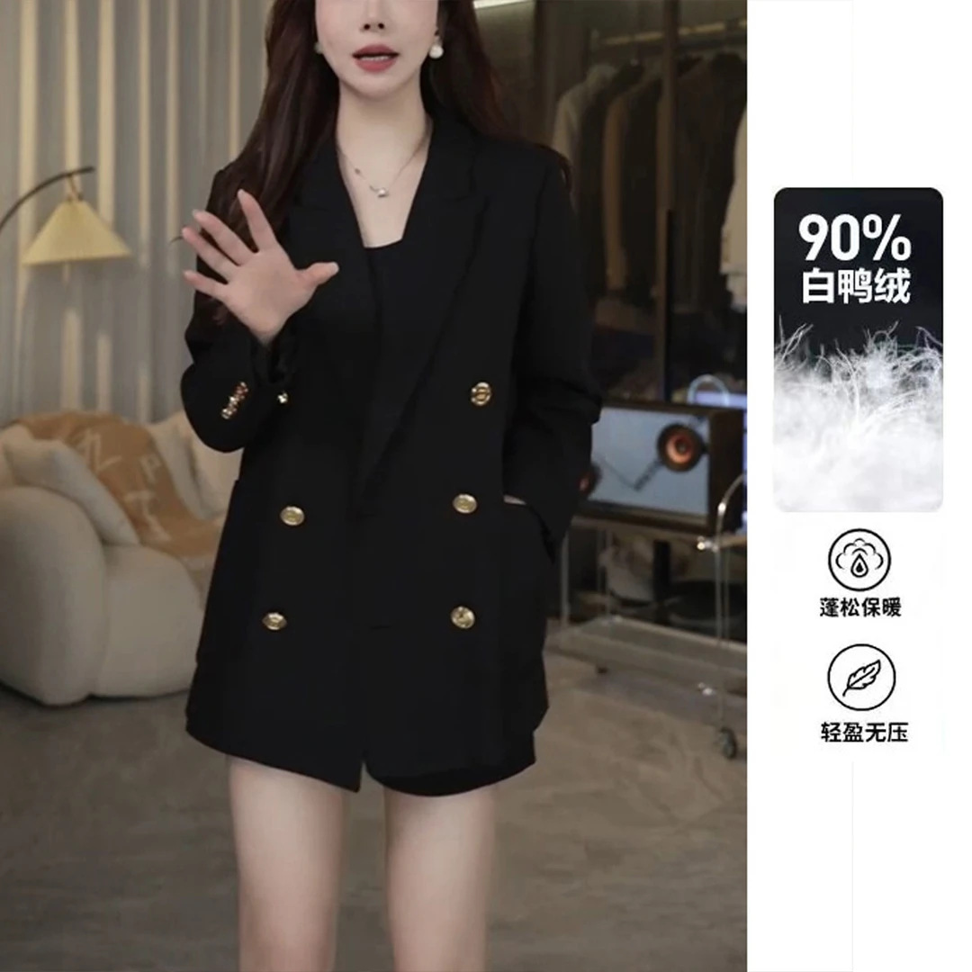 黑色白鸭绒毛呢西装外套女秋冬时尚百搭双排扣羽绒服呢子大衣女