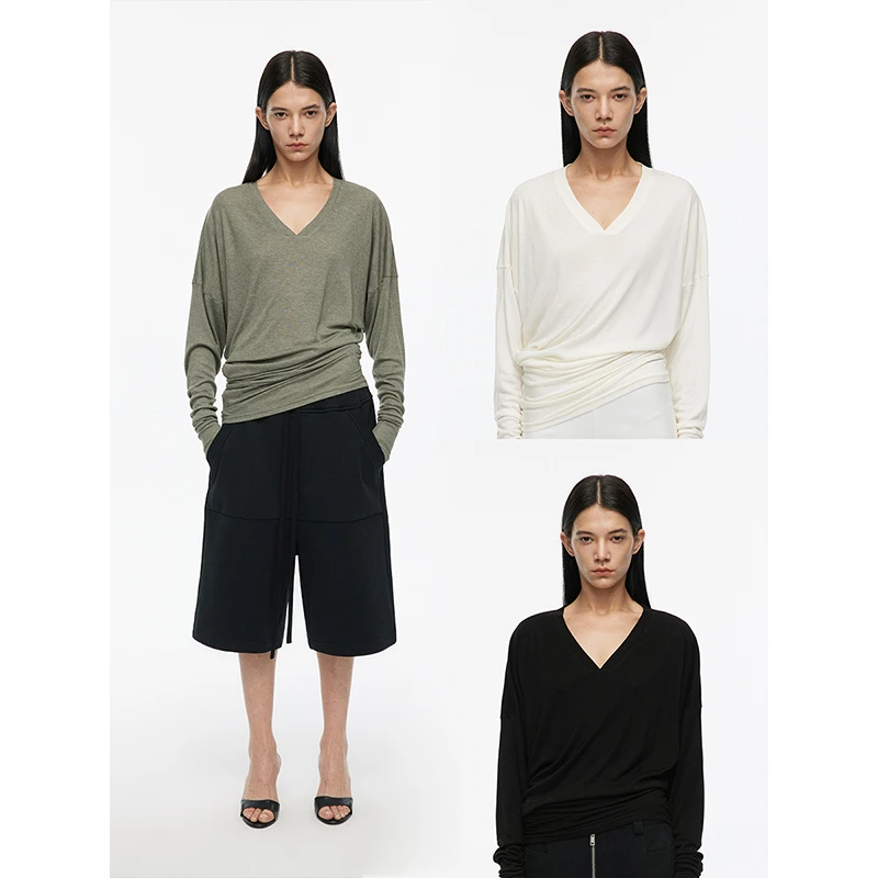 saumple study symp V领弯刀堆积感桑蚕丝混纺长袖T恤