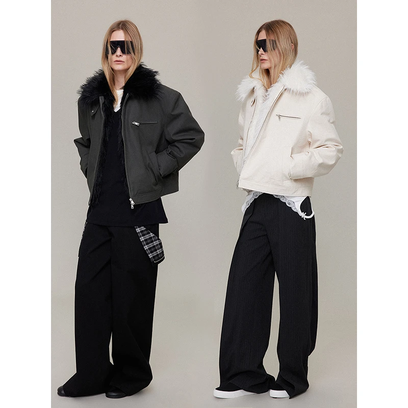 saumple study symp 工装帆布拼接毛领廓形棉服外套