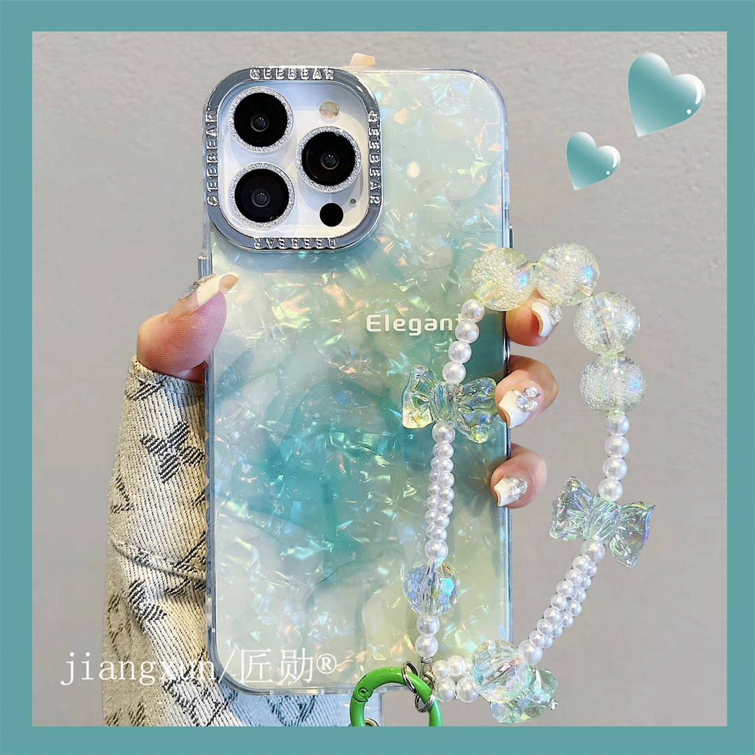 晕染绿色贝壳纹小清新适用iPhone15promax14手机壳13链条12女
