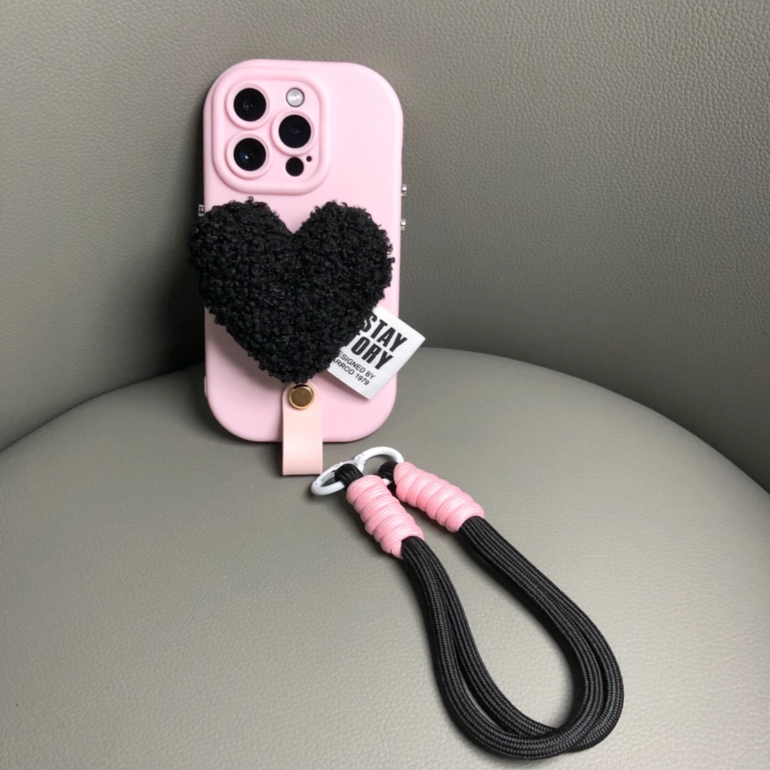 毛绒黑爱心支架iPhone15ProMax手机壳苹果15新款121314硅胶11女壳