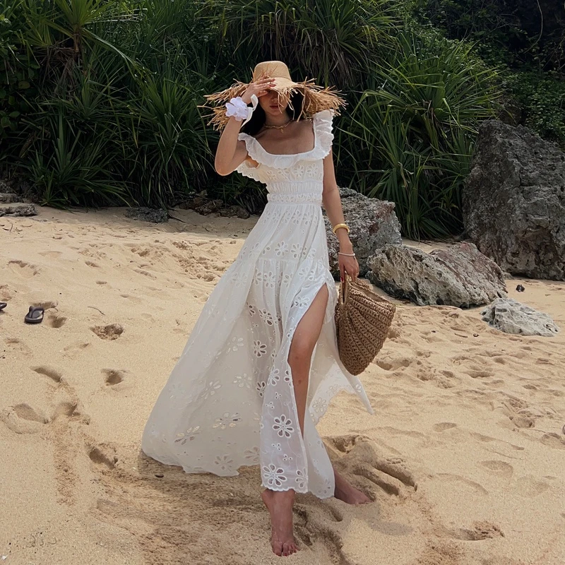 KKSHOP小众设计度假风大方领侧开叉浪漫荷叶边刺绣露背连衣长裙