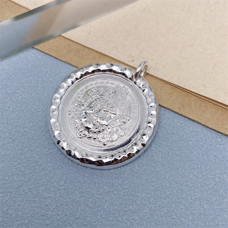 吊坠足银 9999黄财神坠圆牌实心纯银项链复古毛衣链男女情侣生日