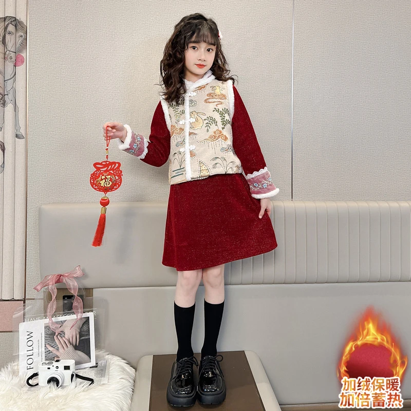 女童红色拜年服套装儿童秋冬女宝宝中国风加绒连衣裙公主洋气女孩