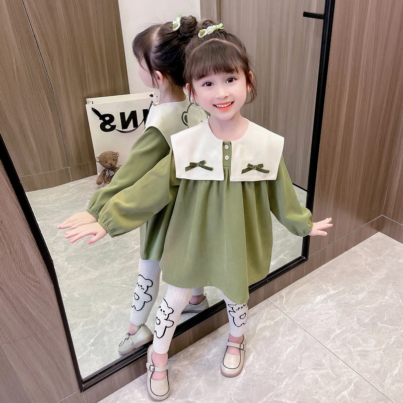 女宝宝海军领小熊打底裤套装2023春秋新款小清新小童韩版连衣裙潮