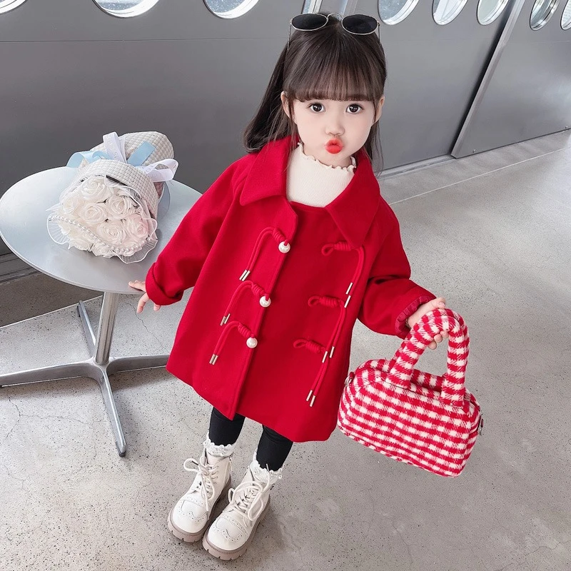 女童外套秋冬2023新款儿童洋气冬季夹棉冬装宝宝韩版红色呢子大衣