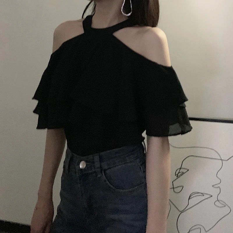 法式挂脖露肩雪纺上衣女春秋一字肩锁骨t恤黑色设计感短袖衬衫