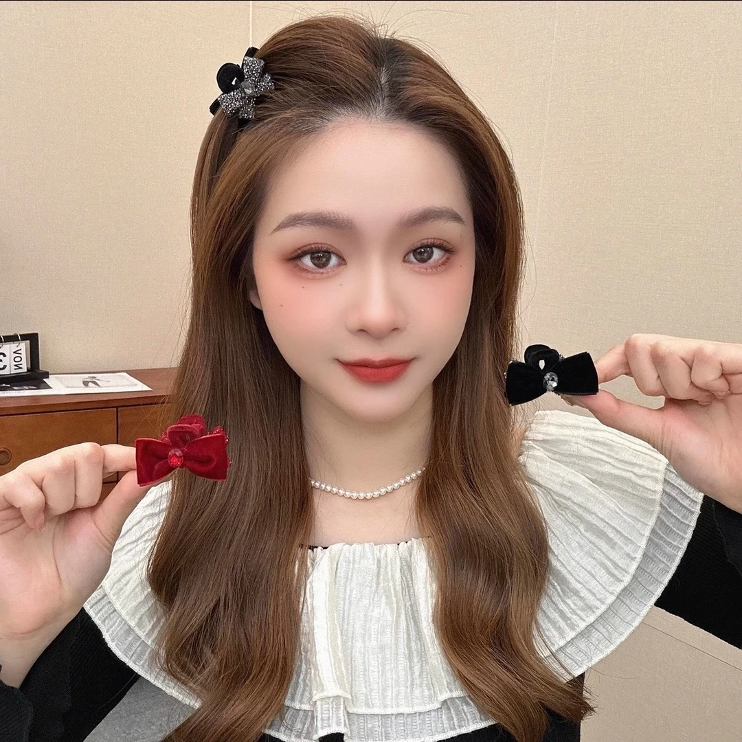 过年红色网红刘海抓夹高级感甜美喜庆结婚新娘蝴蝶结丝绒植绒发夹