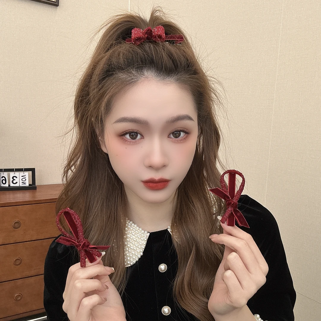 过年款水钻红色丝绒蝴蝶结夹气质碎发夹刘海侧边夹一字夹轻奢法式