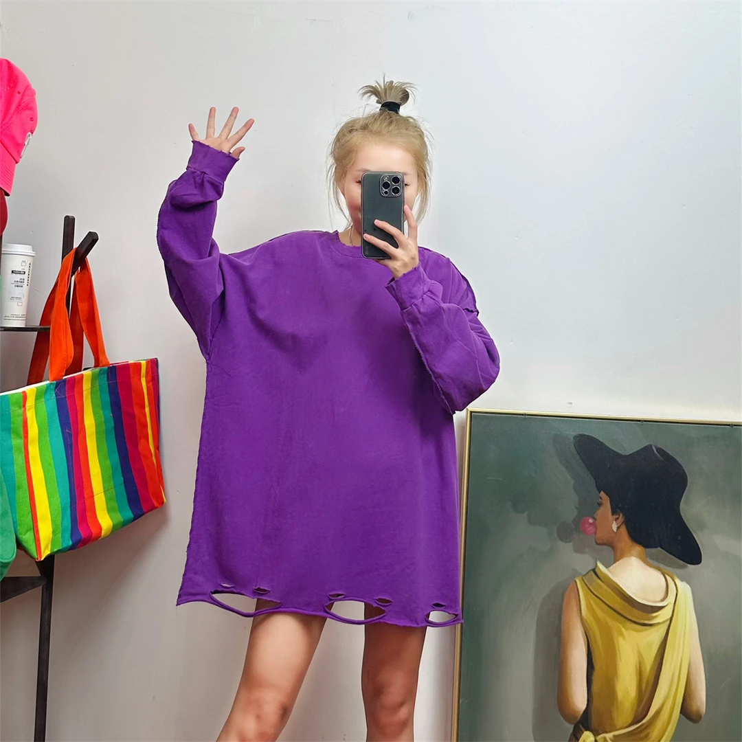 欧洲站磨毛卫衣女长袖纯棉中长款破洞T恤宽松bf风秋冬新款打底衫T