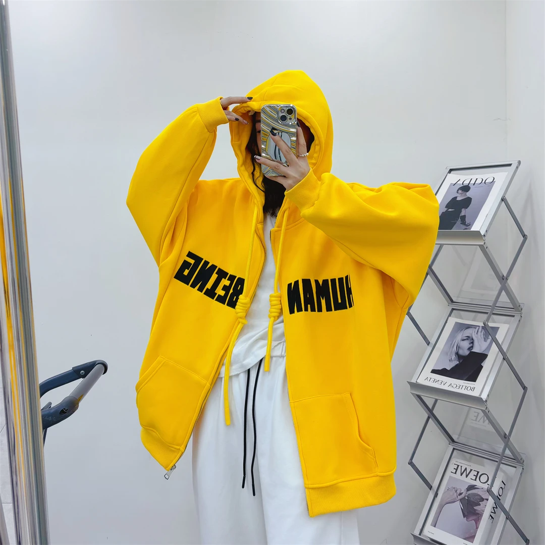 玫红色加绒中长款拉链卫衣女慵懒风帽衫潮牌重工刺绣带帽上衣开衫