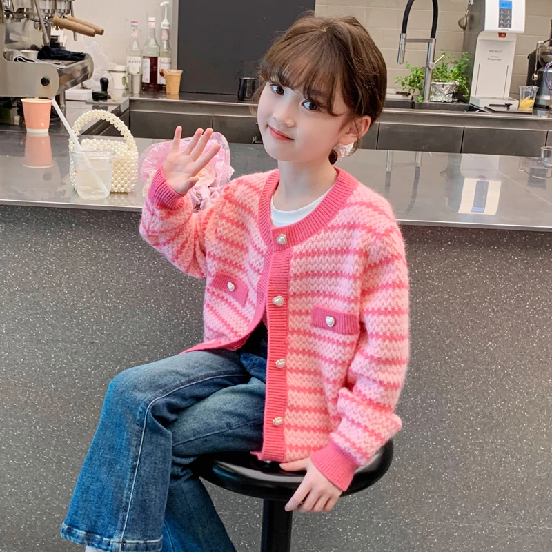 女童秋装开衫毛衣2024新款儿童洋气女孩春秋粉条纹上衣针织衫外套