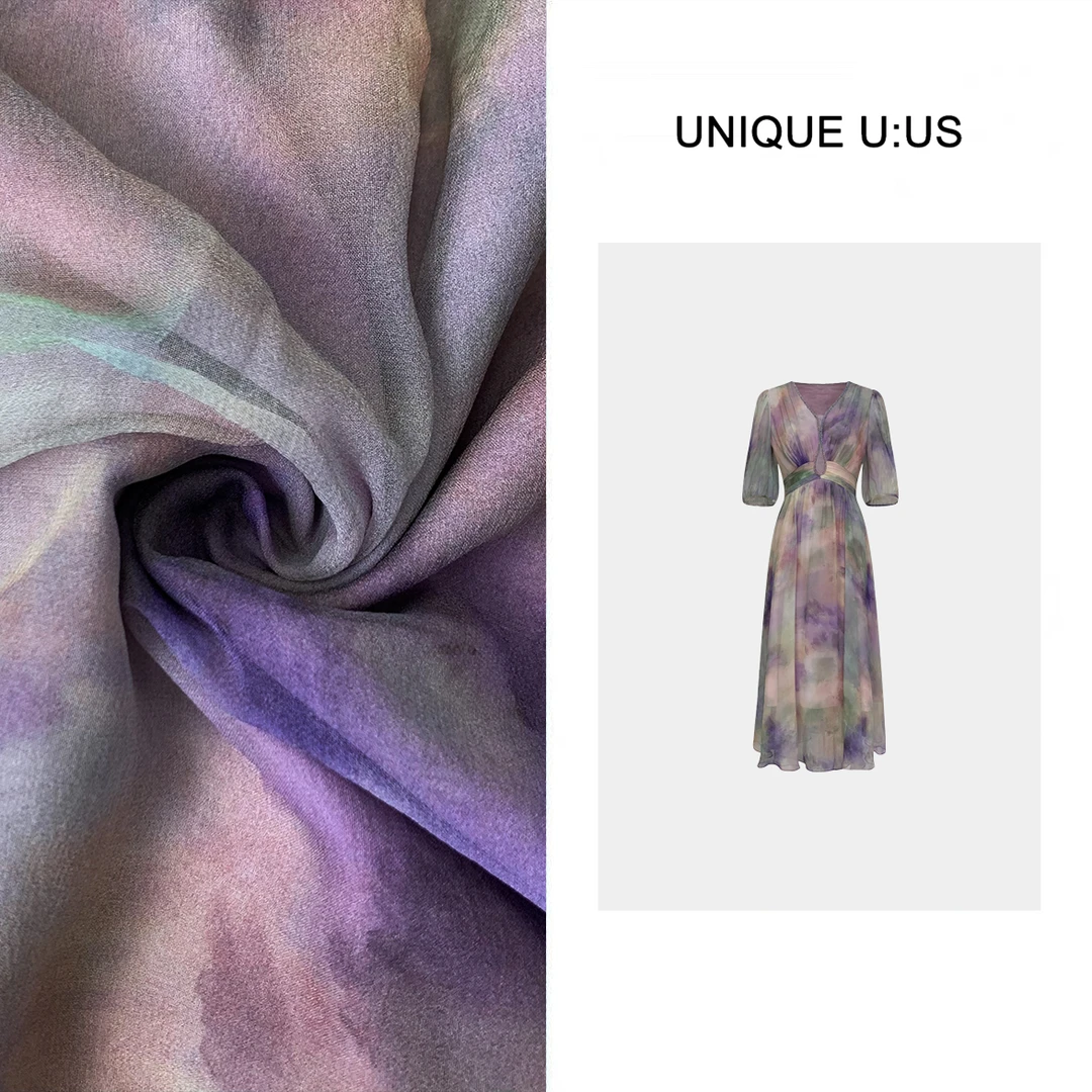 UNIQUE U:US【七彩祥云】法式烫钻扎染气质显瘦女装连衣裙-243095