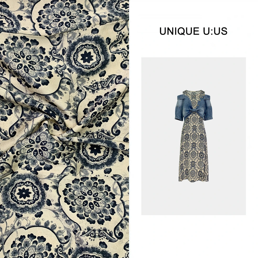 UNIQUE U:US【青花瓷】牛仔拼接假两件收腰气质显瘦连衣裙-241966