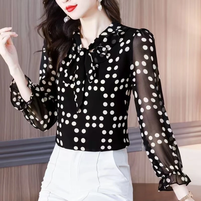 春夏新款蝴蝶结波点百搭衬衫女长袖雪纺衬衣洋气小衫遮肚显瘦上衣