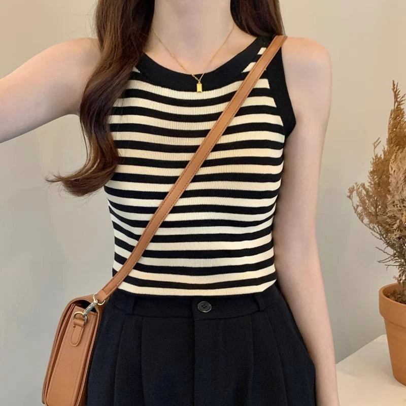 冰丝条纹针织吊带小背心女士夏外穿内搭打底无袖夏季修身显瘦上衣