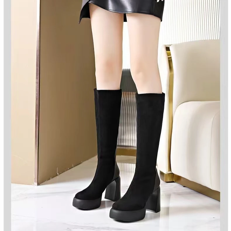 防水台厚底2580马丁靴2024秋冬季新款高筒靴后拉链粗跟时尚长靴