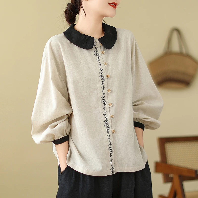 娃娃领撞色单排扣刺绣棉麻风文艺长袖衬衫气质减龄百搭衬衣早春新