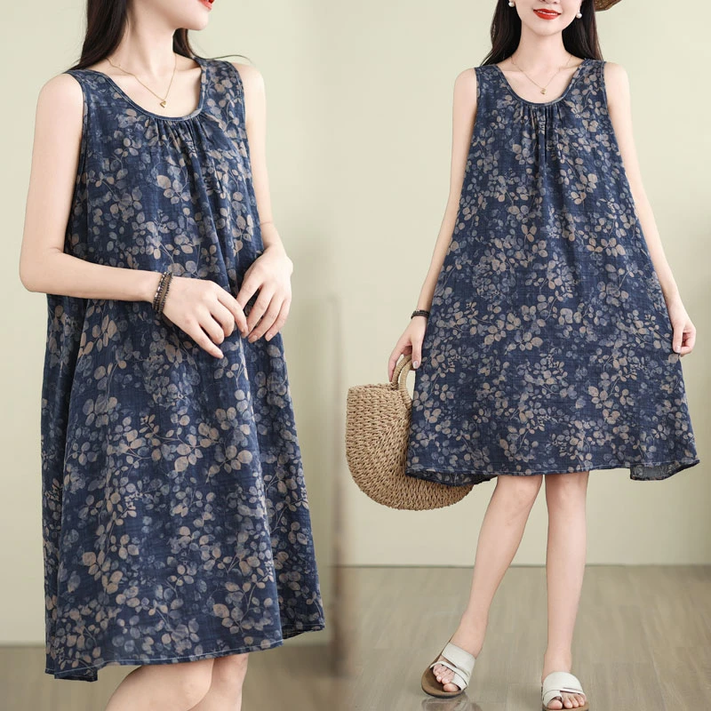 大码女装夏季宽松吊带a字裙无袖圆领棉麻印花连衣裙