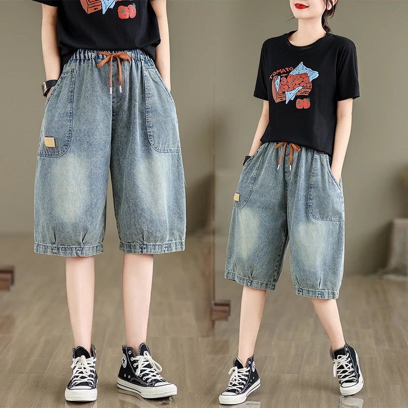 2025新款夏季休闲牛仔拼接五分裤女