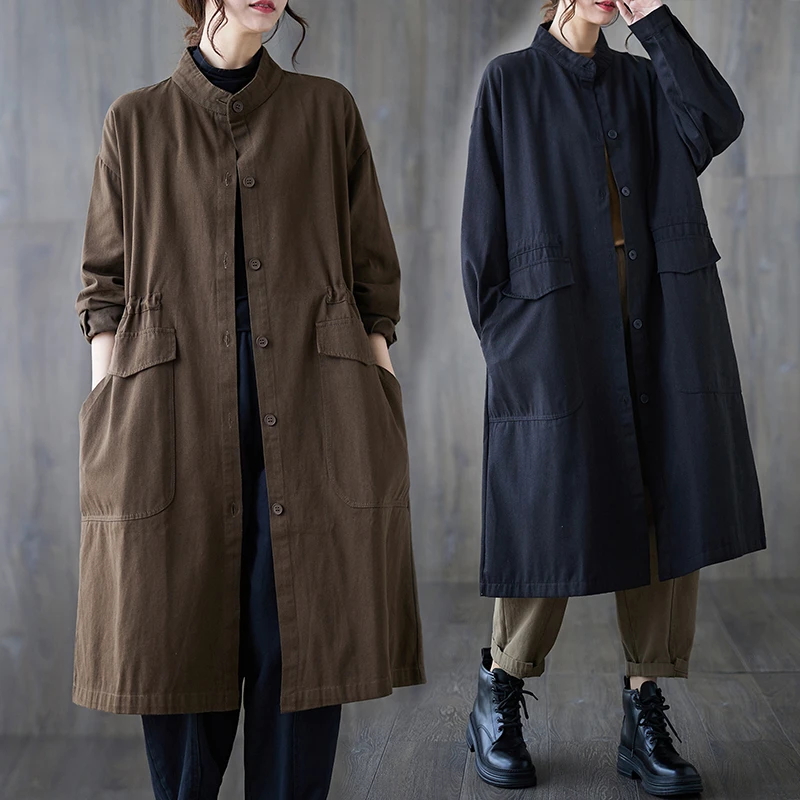 春秋薄款圆领单排扣开衫外套女大码简约休闲长袖风衣