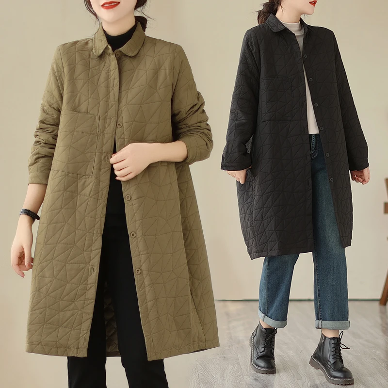 宽松大码夹棉休闲格纹棉衣中长款