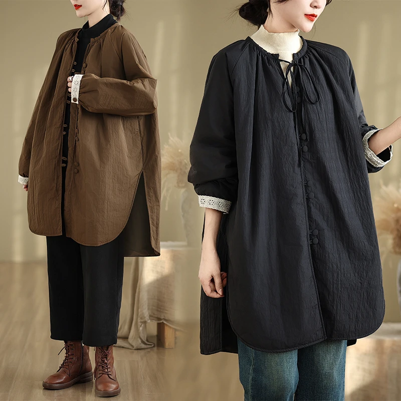 2025冬装新款新复古风轻薄夹棉外套大码女装中长款棉衣棉服