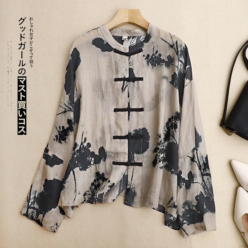 复古国风水墨印花棉麻开衫宽松长袖防晒衫中式民族风对襟外套