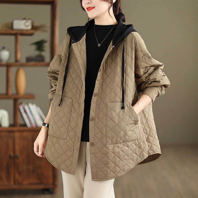 2025秋冬新款轻薄带帽宽松休闲菱格棉衣外套
