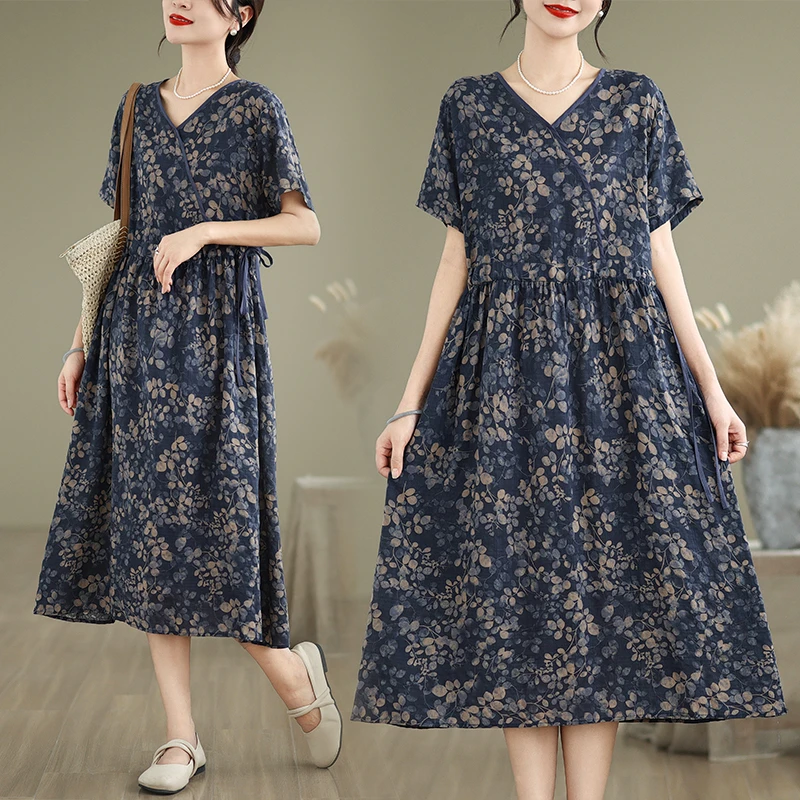 棉麻连衣裙2025夏季民族风复古斜襟文艺休闲抽绳显瘦百搭裙