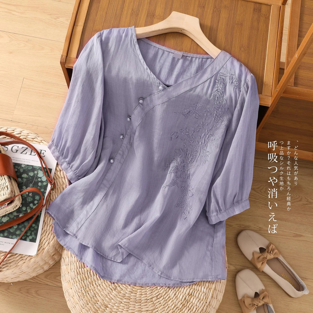 夏季新款文艺刺绣衬衫女宽松时尚百搭中式V领斜襟气质套头纯色