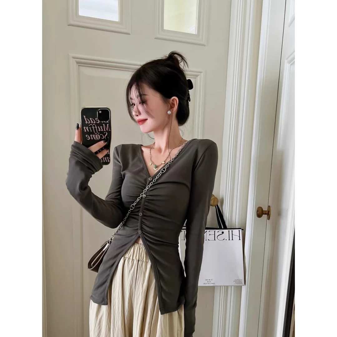 慵懒显瘦女修身辣妹V领长袖上衣春季直筒长裤休闲裤纯欲风上衣