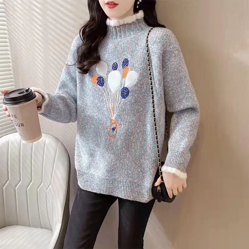 秋冬季新款女士花边半高领雪尼尔仿水貂绒毛衣女加厚针织打底衫