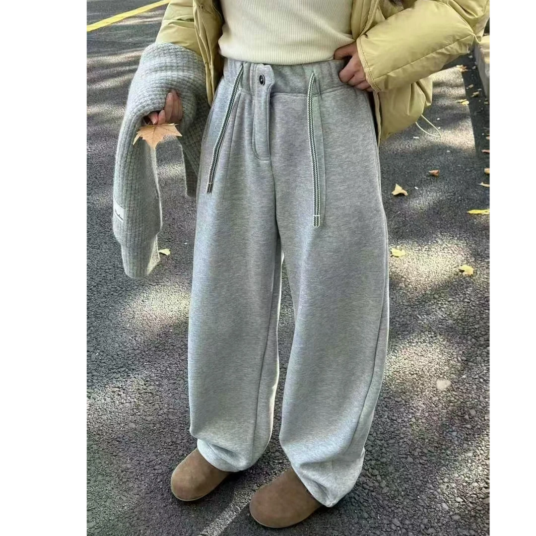 冬季新款抽绳松紧腰一粒扣 厚加绒弯刀阔腿裤卫裤