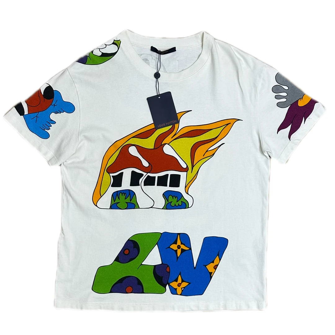 99新 LouisVuitton/路易威登 lv白色火焰涂鸦满印短袖xl码