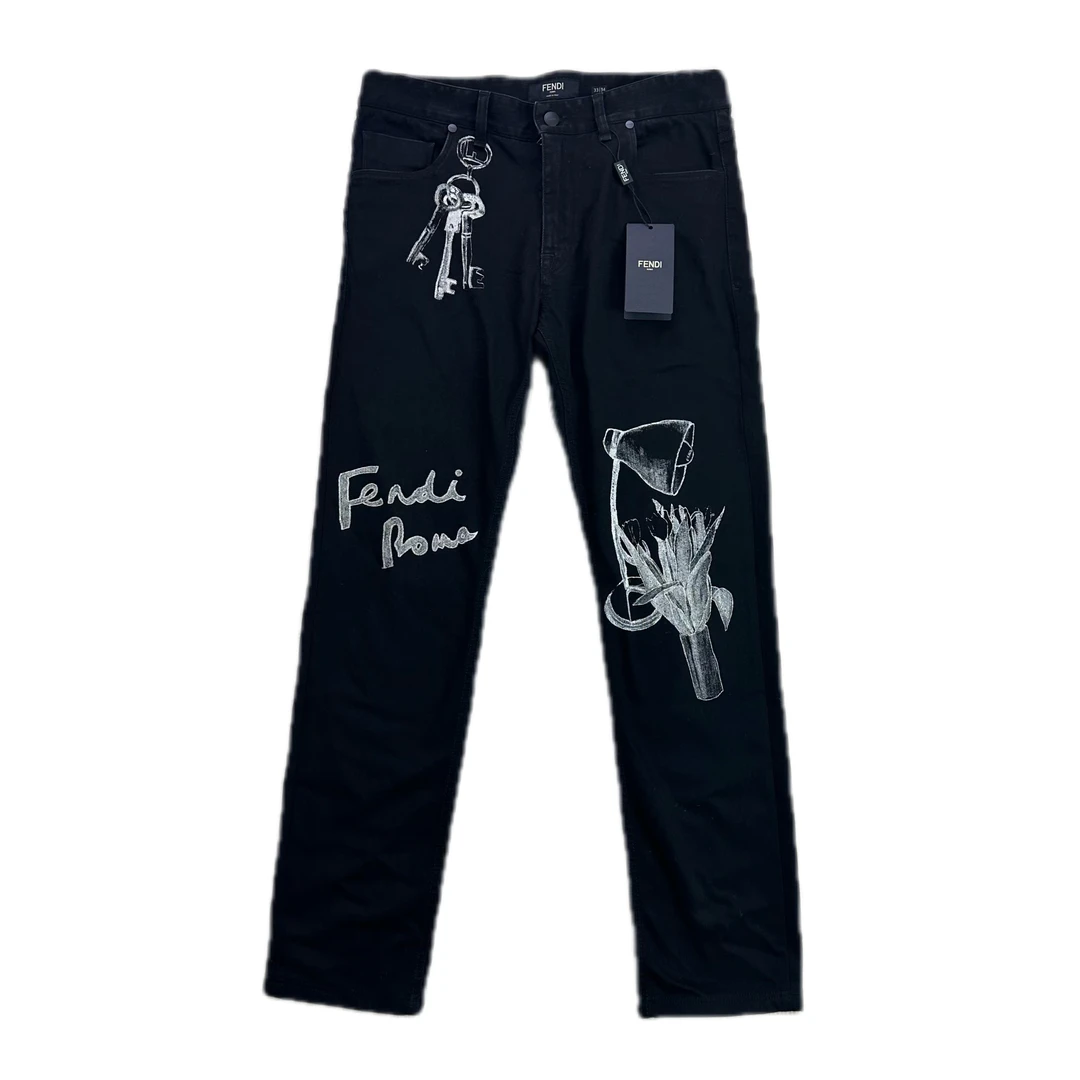 99新 FENDI/芬迪 fendi黑色涂鸦印花logo牛仔裤33码