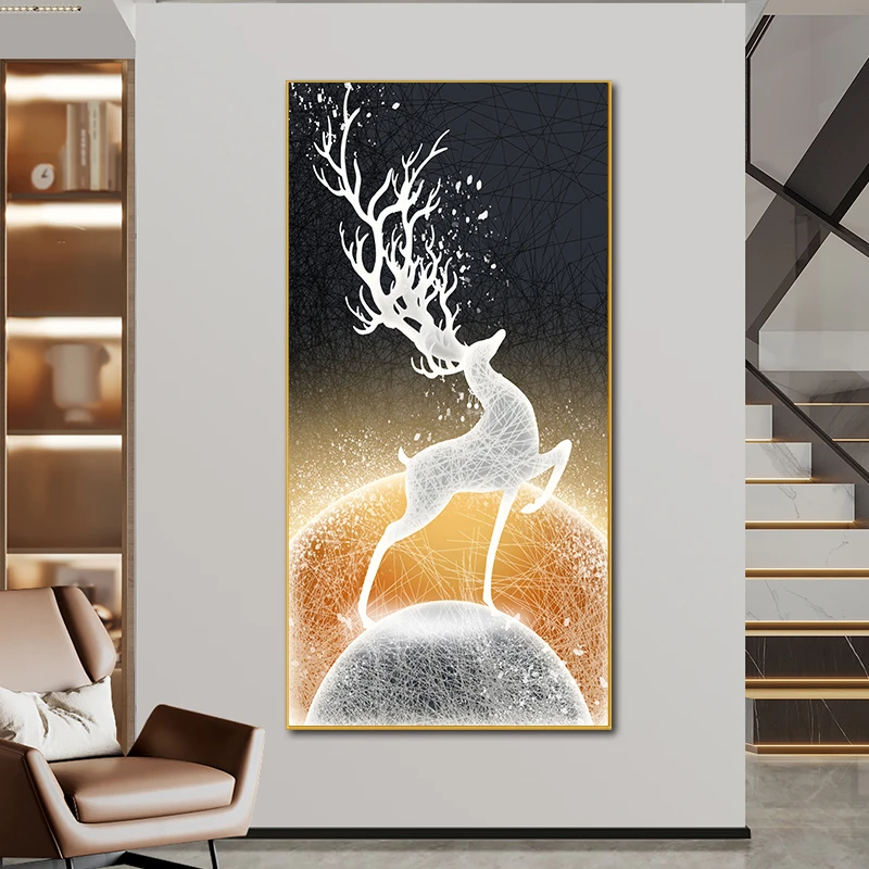 X5轻奢客厅装饰画麋鹿玄关画高端沙发背景墙壁画现代挂画晶瓷画