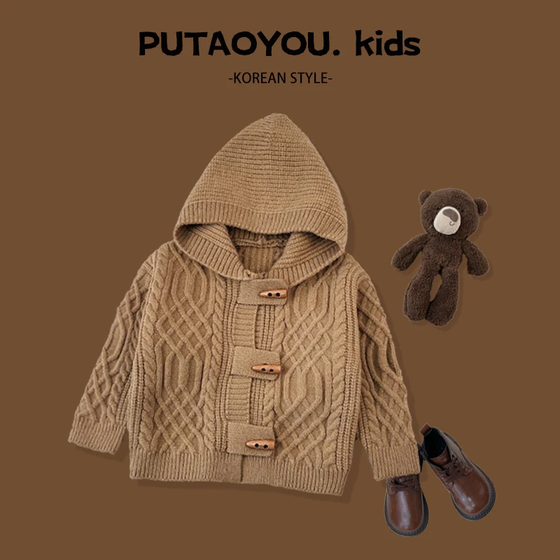两个小孩家儿童针织衫儿童童装韩版洋气开衫春秋毛衣带帽连帽开衫